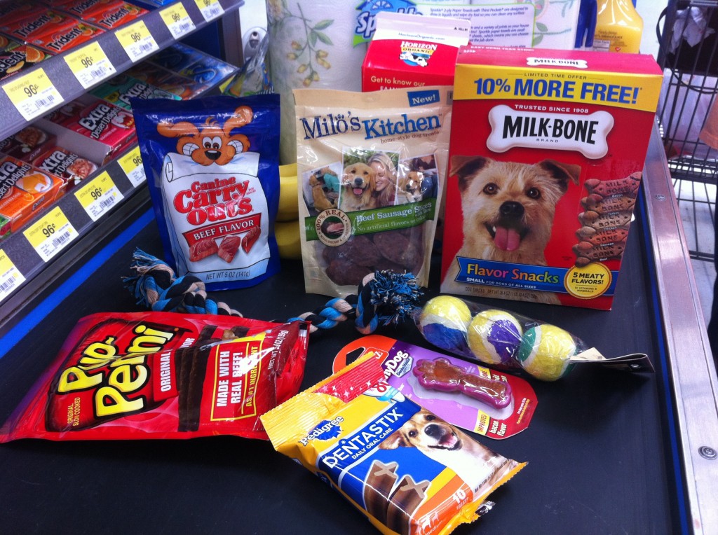 dog snacks and toys at Walmart
