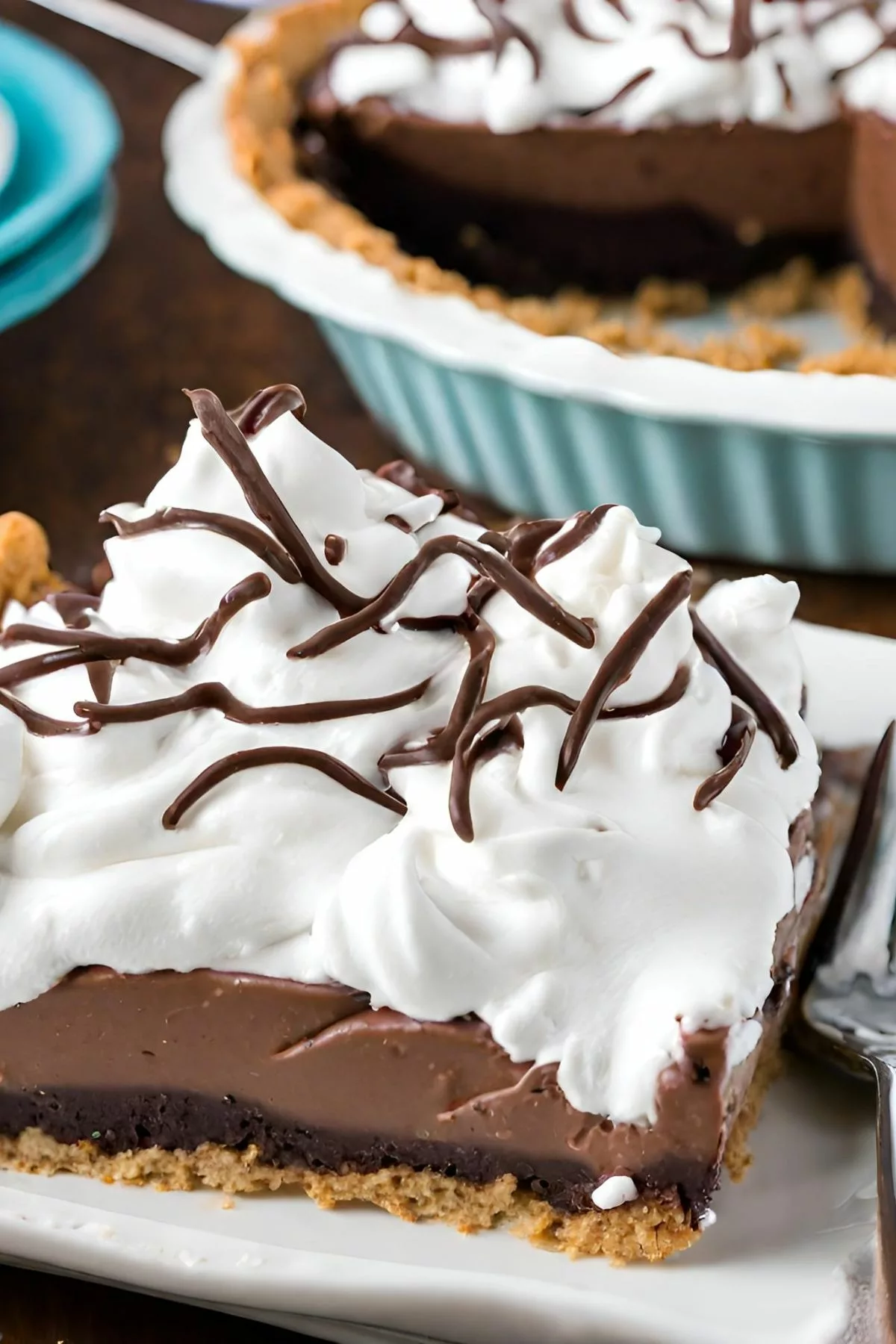 overhead shot of Jello Pudding Pie with cool whip topping and chocolate shavings