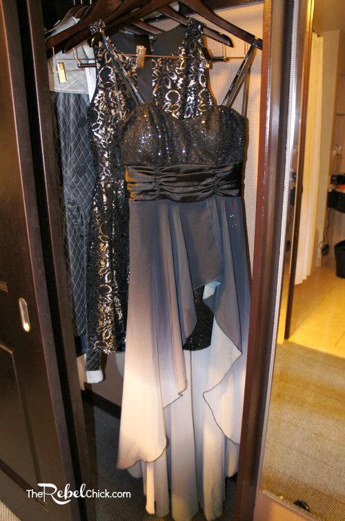 party dresses hanging in a closet