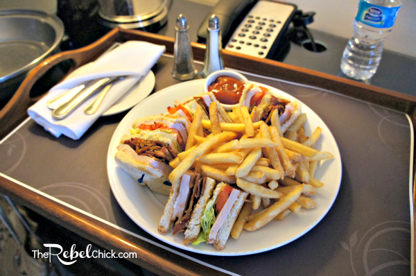 turkey club sandwich with fries from Sheraton room service menu