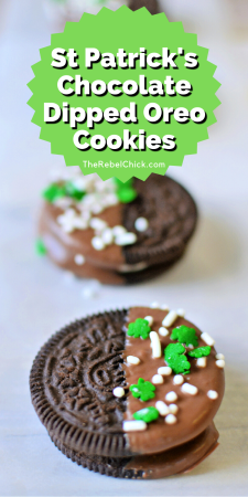 Saint Patrick's Day Dipped Oreo Cookies on parchment paper covered in shamrock sprinkles
