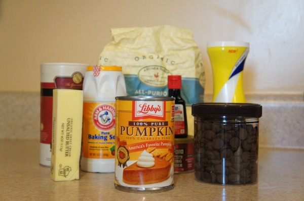 can of pumpkin, chocolate chips. butter, sugar, flour