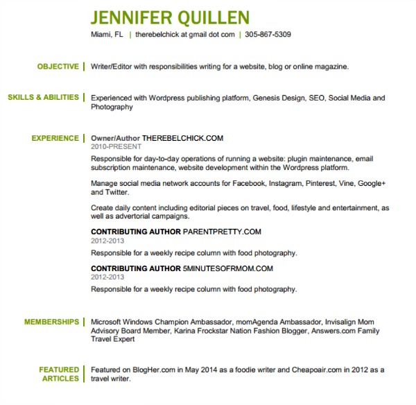 Jennifer Quillen Blogger Resume