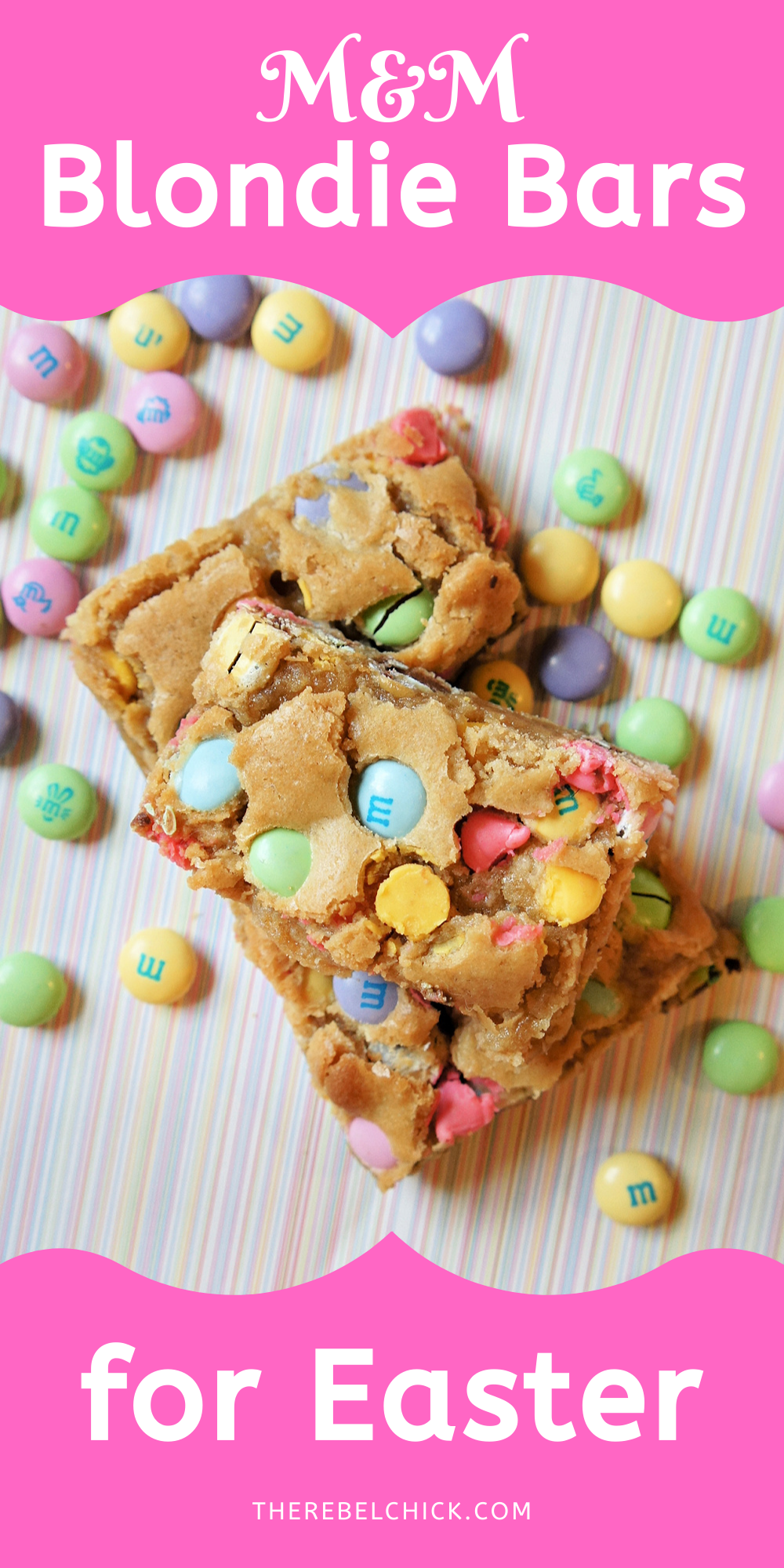 blondies filled with pastel colored M&M candies and chocolate chips