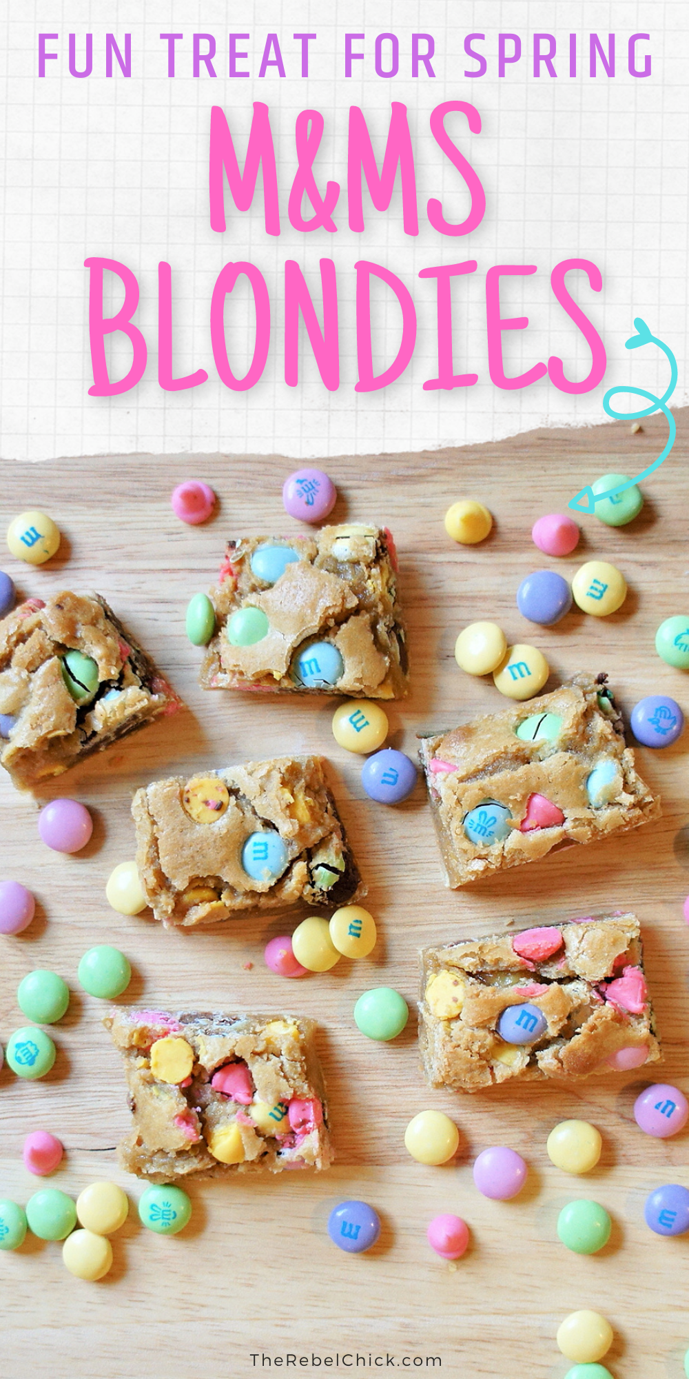 Blondies Bars with pastel colored chocolate chips and M&Ms