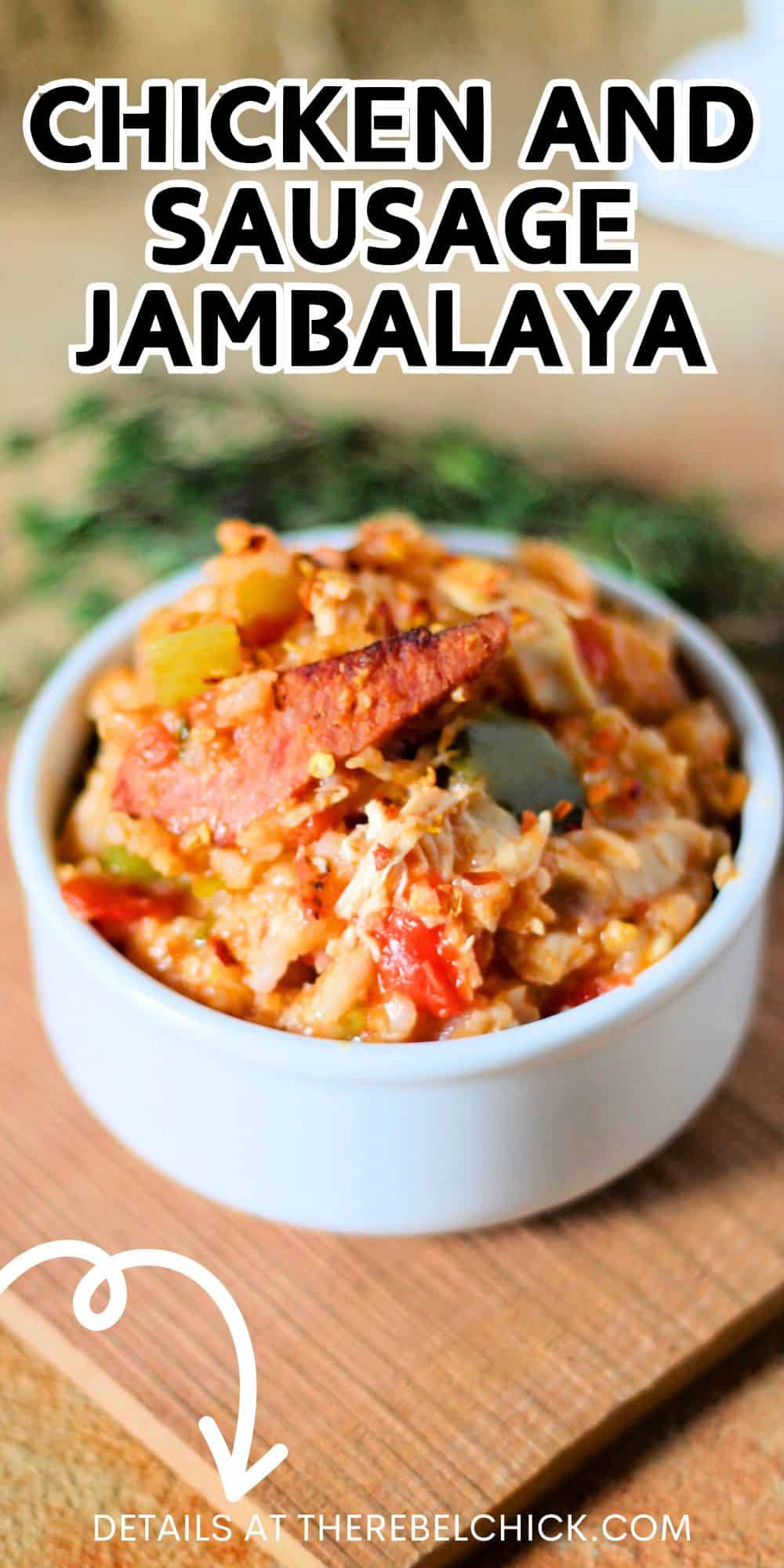 Chicken and Sausage Jambalaya in a white bowl