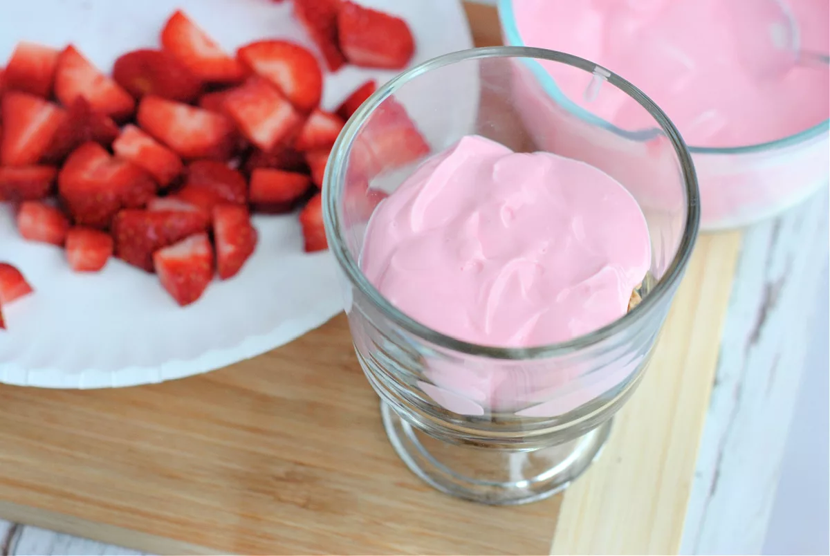 pink yogurt in a trifle dish