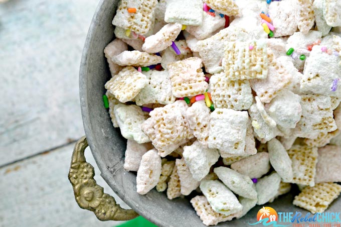 Cake Batter Puppy Chow Recipe Perfect Snack Ideas! Or, Do You Call Them Muddy Buddies? | The Rebel Chick