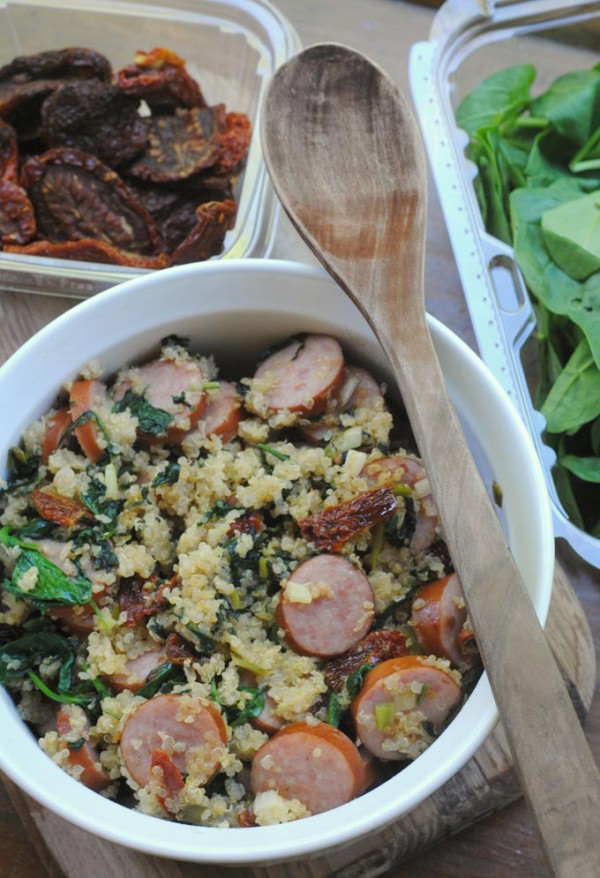 Sun Dried Tomato and Spinach Quinoa with Smoked Sausage Recipe