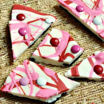 Valentine's Day Oreo Cookie Bark with red and pink M&Ms