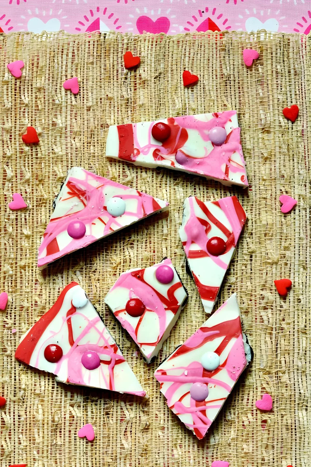 Valentine's Day Oreo Cookie Bark with red and pink M&Ms