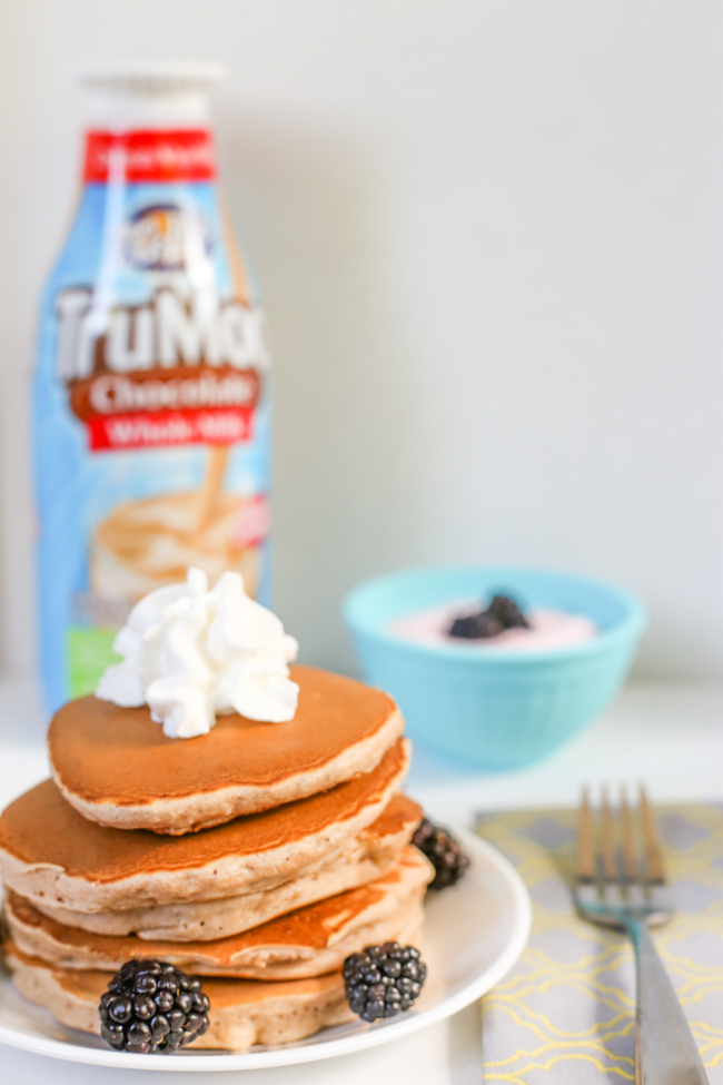 pancakes on a plate with whipped topping