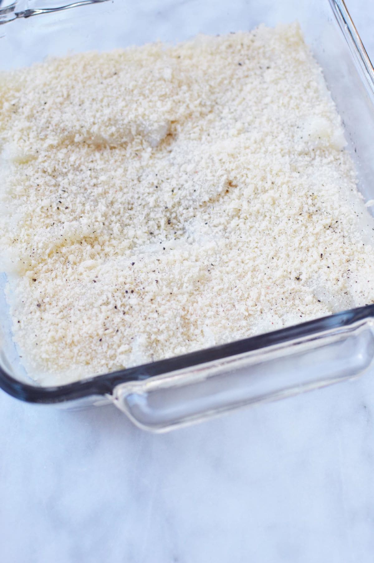 baking dish filled with breadcrumbs and fish fillets
