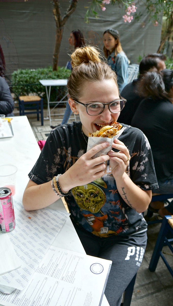 angeline eating gyros in greece