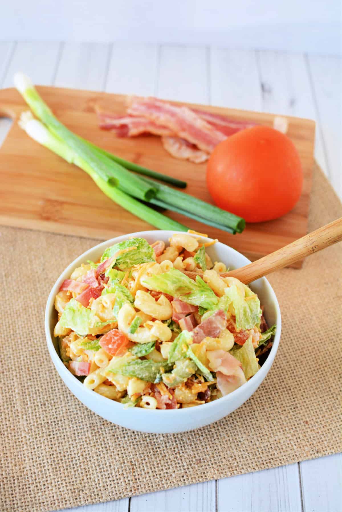 BLT Pasta Salad in a white bowl