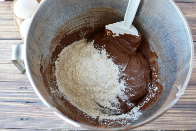 chocolate batter with all purpose flour in a bowl