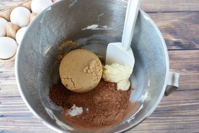 brown sugar, butter and cocoa powder in a mixing bowl