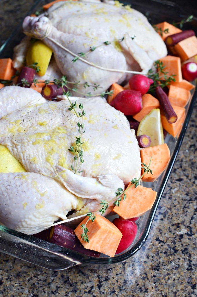 large raw chicken on a baking dish with lots of root vegetables