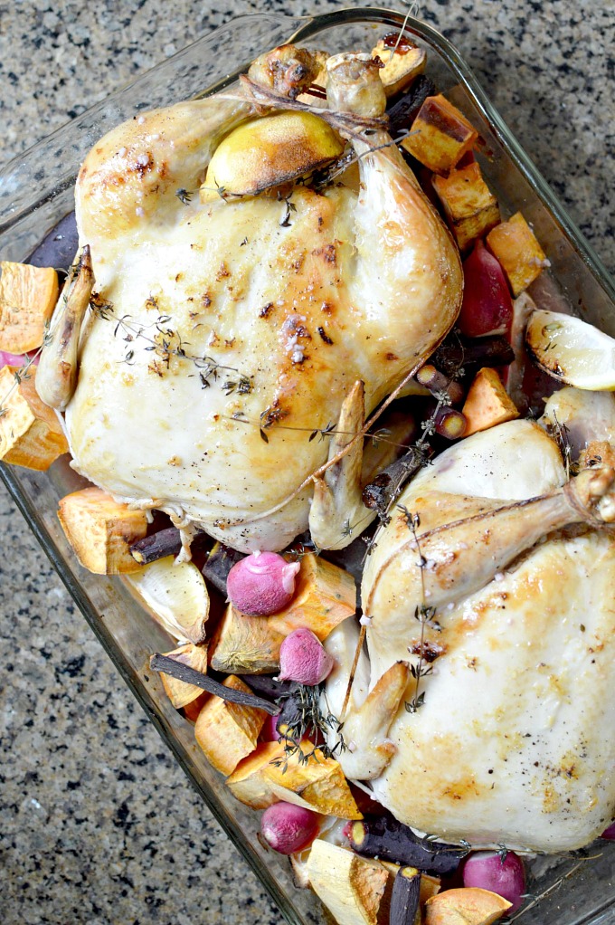 large chicken on a baking dish with lots of root vegetables