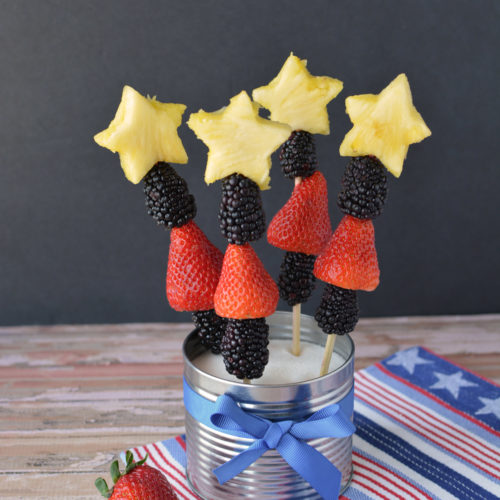 fruit skewers with blackberries, pineapple and strawberries