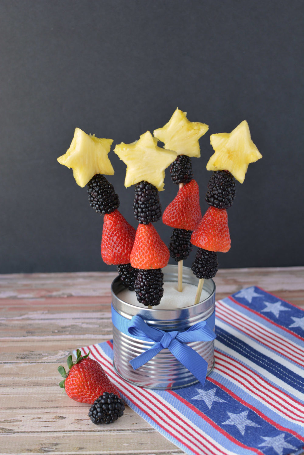 fruit skewers with blackberries, pineapple and strawberries