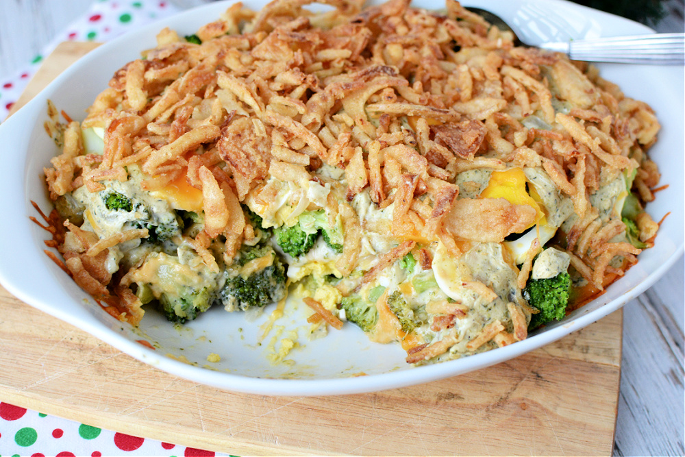 broccoli casserole topped with frenches fried onions and cheese