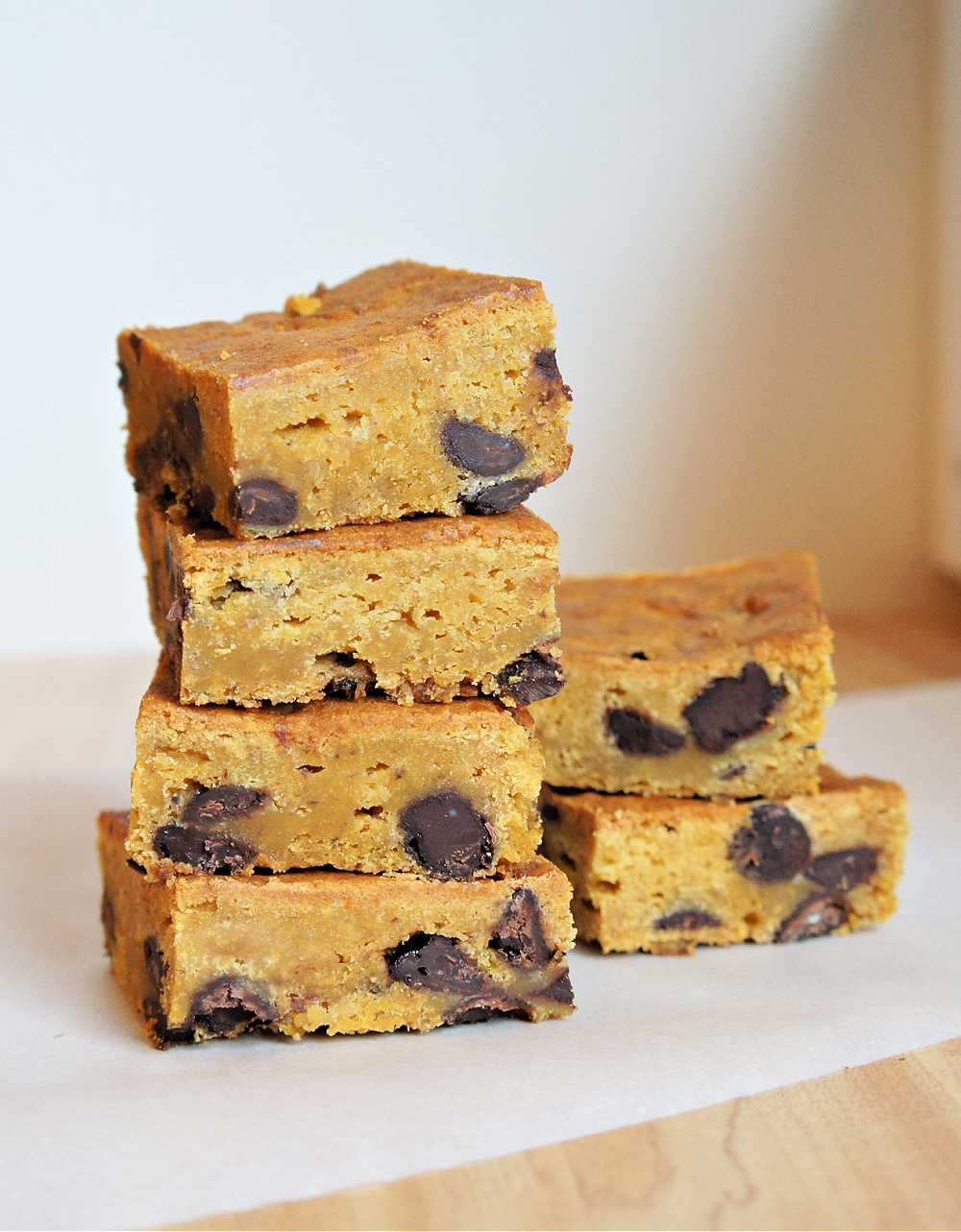 a stack of pumpkin bars filled with chocolate chips