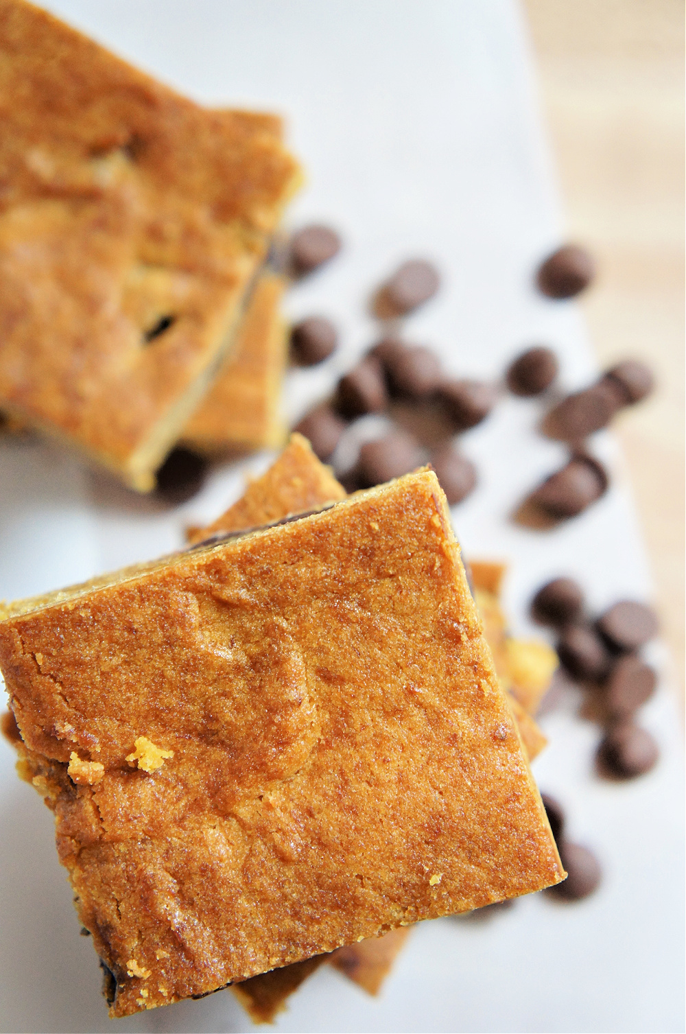a stack of pumpkin bars filled with chocolate chips