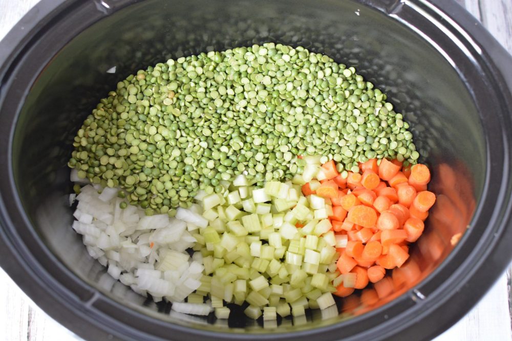 dried peas, diced carrots, onions, celery in a slow cooker