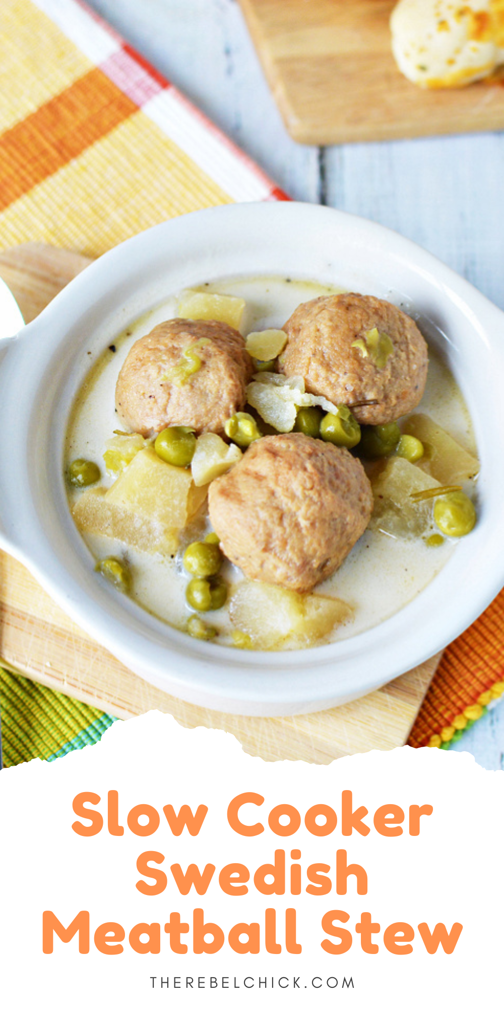 Swedish Meatball soup in a bowl with peas and potatoes