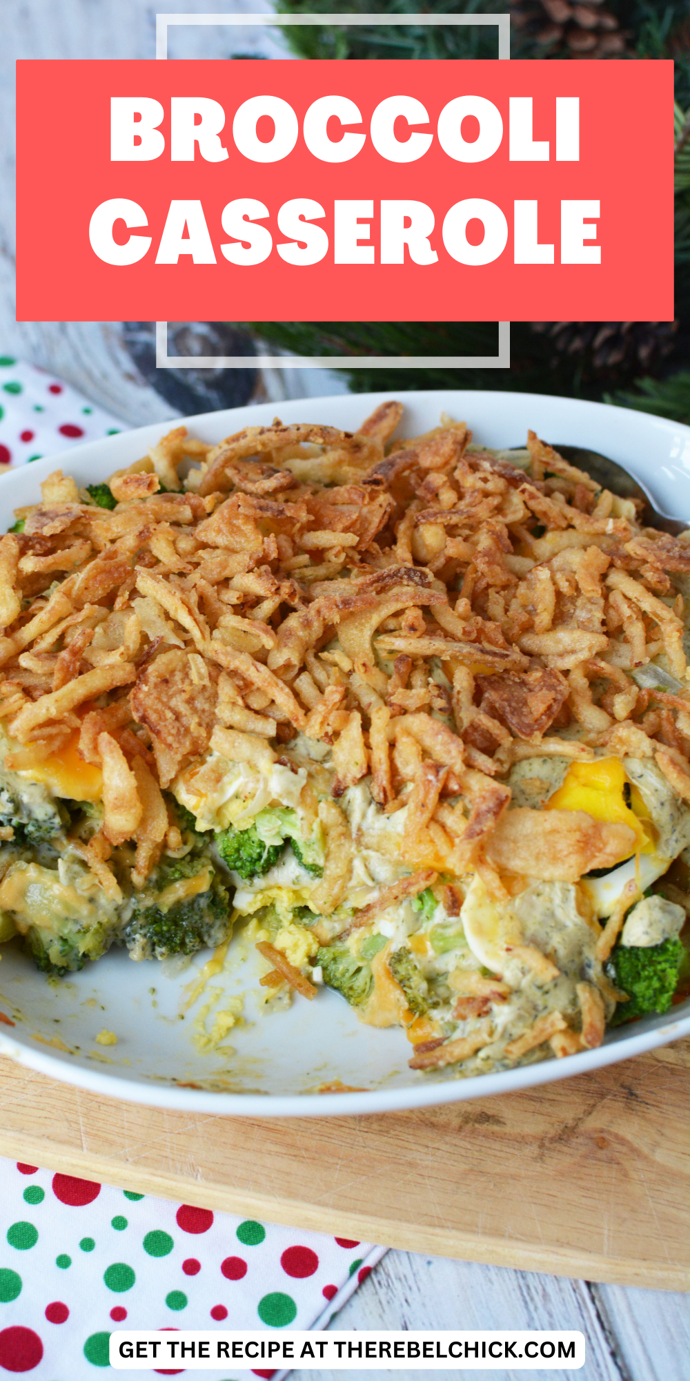 overhead shot of casserole dish with broccoli florets, sliced eggs, cheese and frenches onions