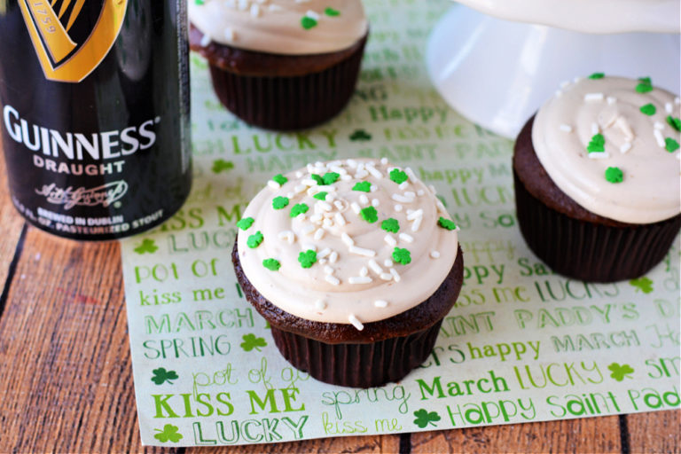 Chocolate Guinness Frosted Cupcakes with Saint patricks day sprinkles