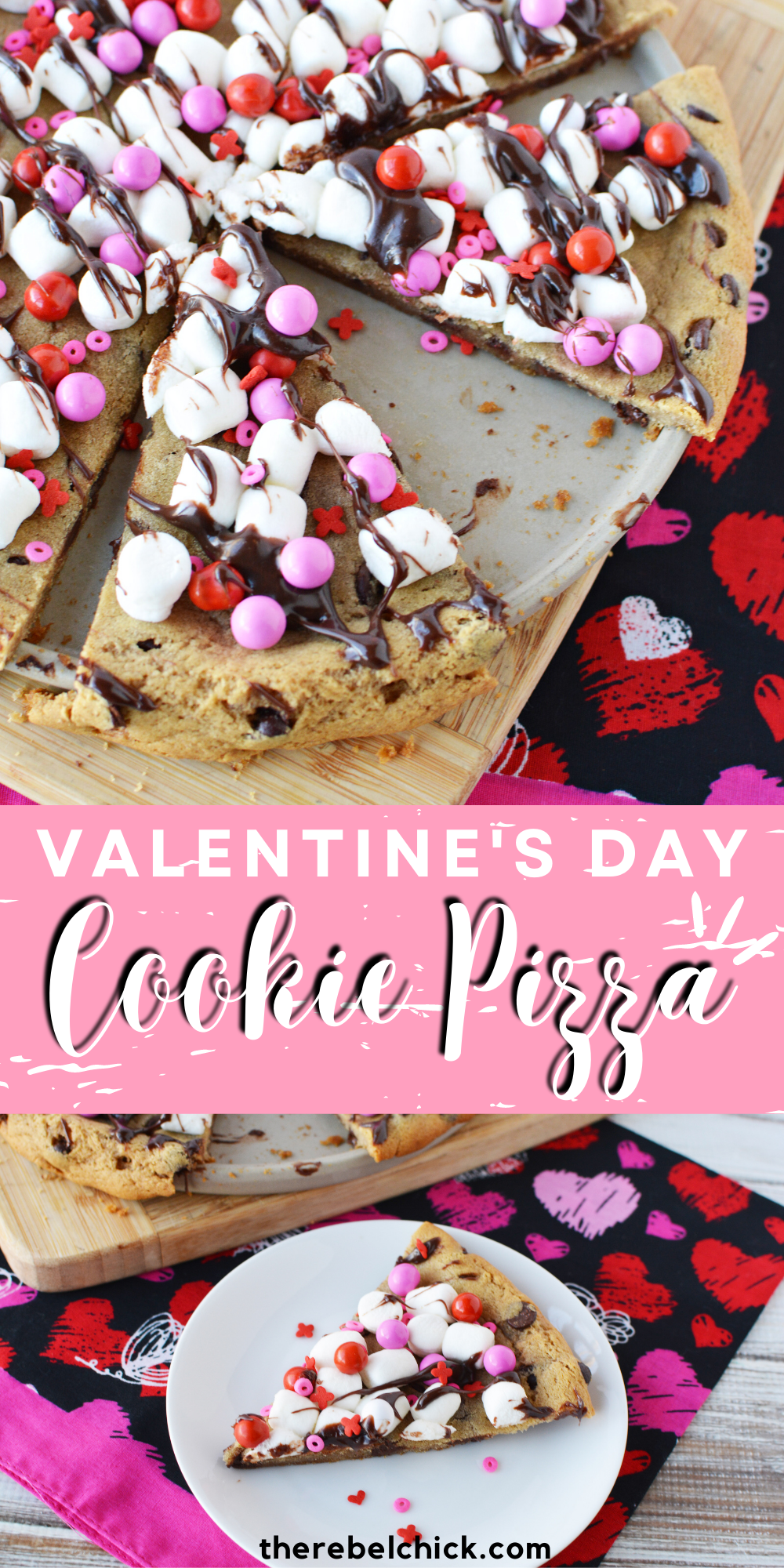 Valentine's Day Cookie Candy Pizza covered in marshmallows and hot fudge
