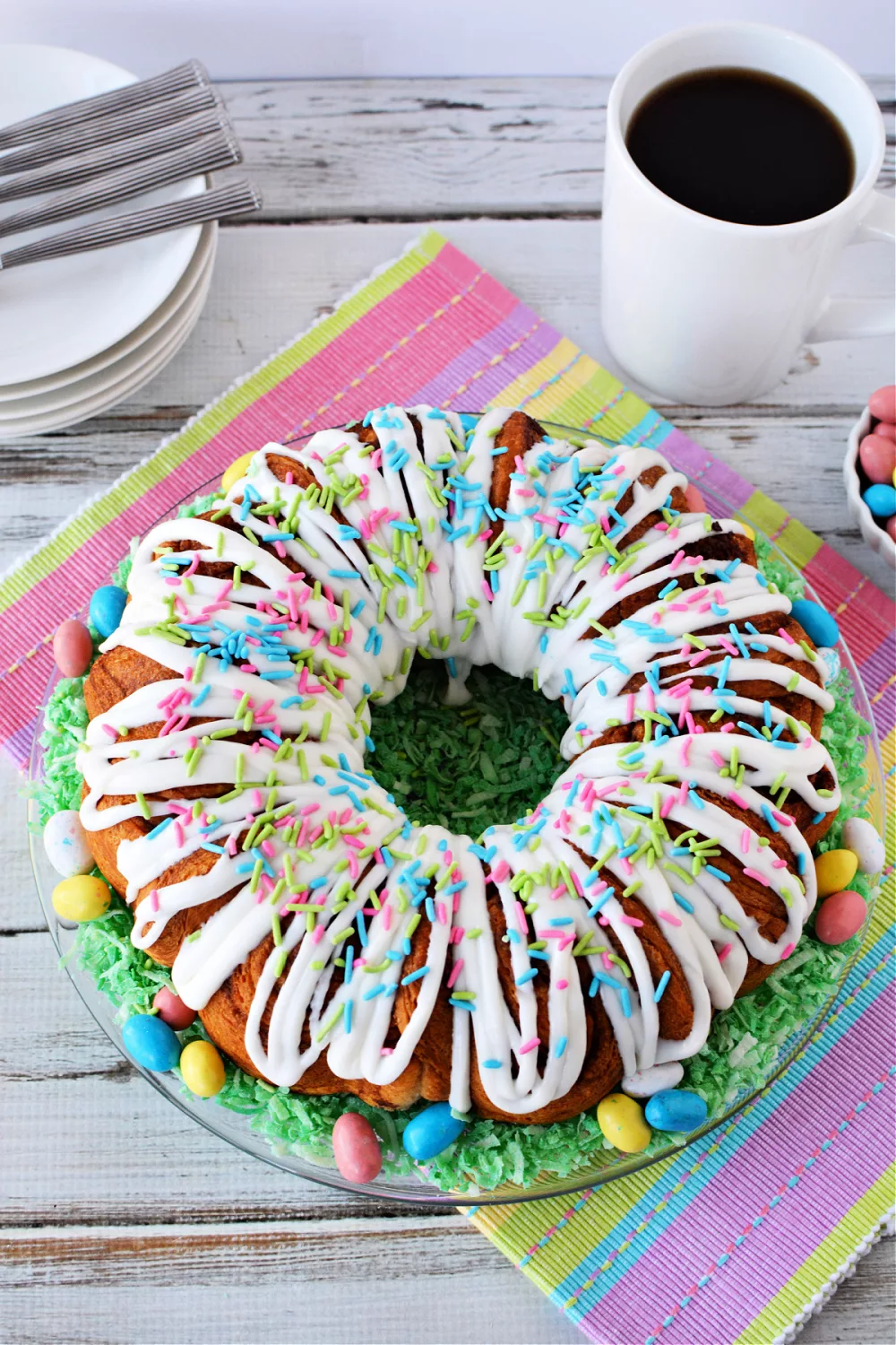 Easter cake made from cinnamon rolls in a bundt cake pan