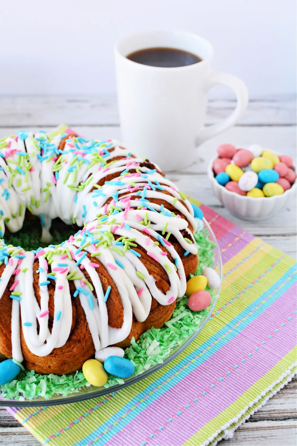 Easter cake made from cinnamon rolls in a bundt cake pan
