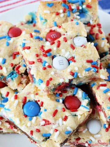 Red White and Blue Cake Bars with red and blue M&Ms