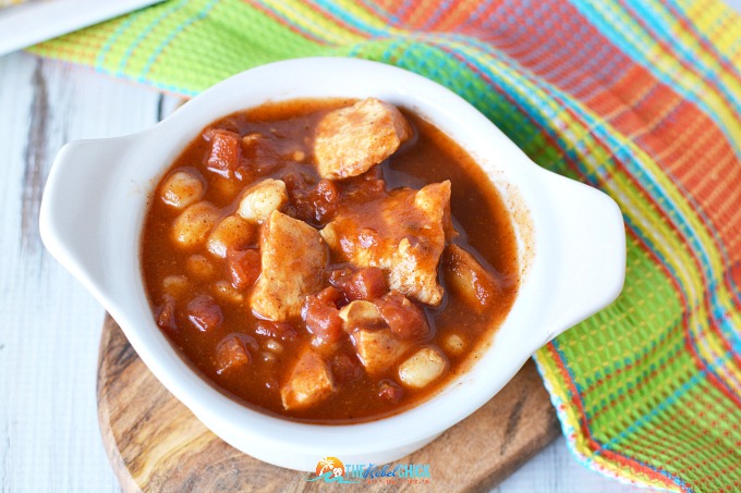 A bowl of chunky chicken chili.