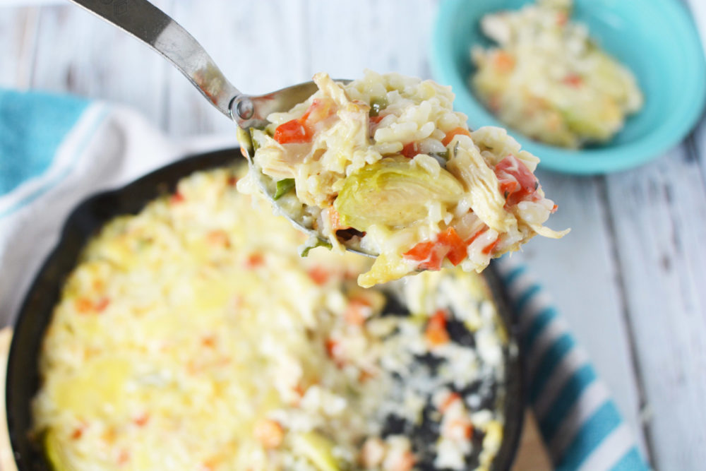 Chicken and Brussel Sprouts Casserole in a cast iron skillet