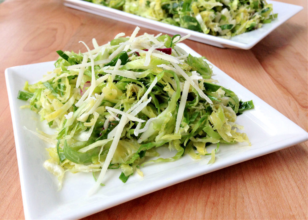 A plate of brussels sprouts salad.