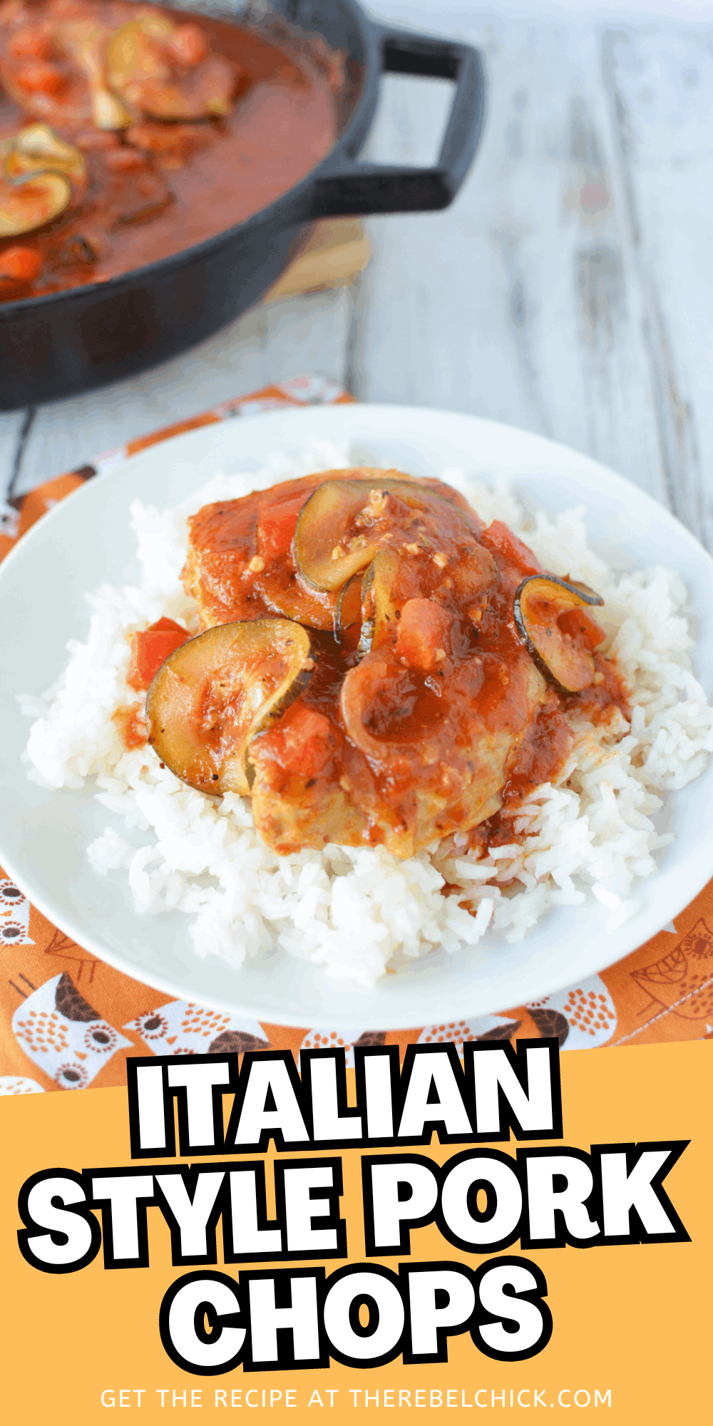 Italian Style Pork Chops with tomato sauce over a bed of white rice