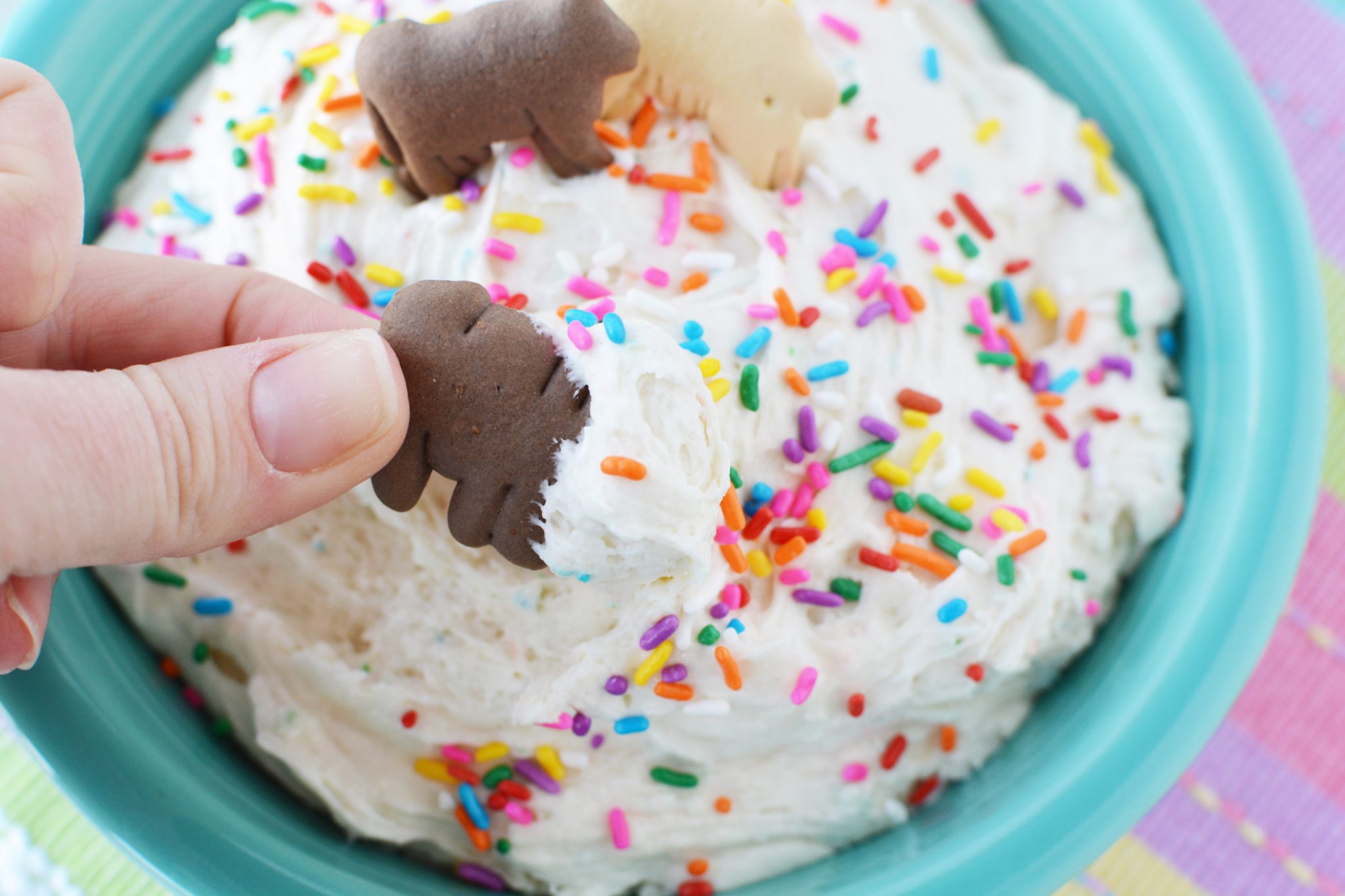 fluffy funfetti dip with chocolate graham cracker cookies