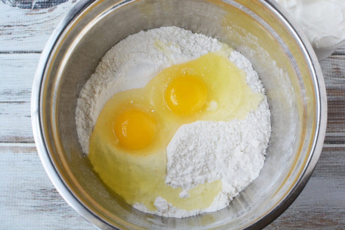 eggs and flour in a mixing bowl
