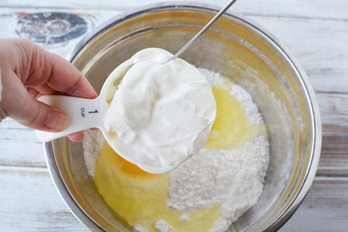 flour and yogurt in a bowl