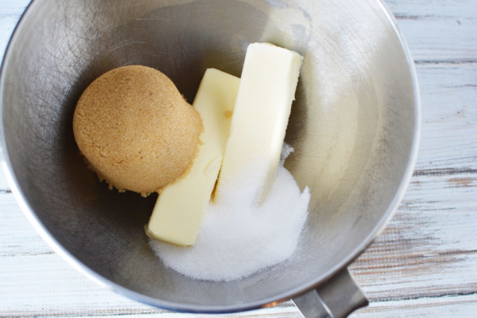 butter, light brown sugar and white sugar in a mixing bowl