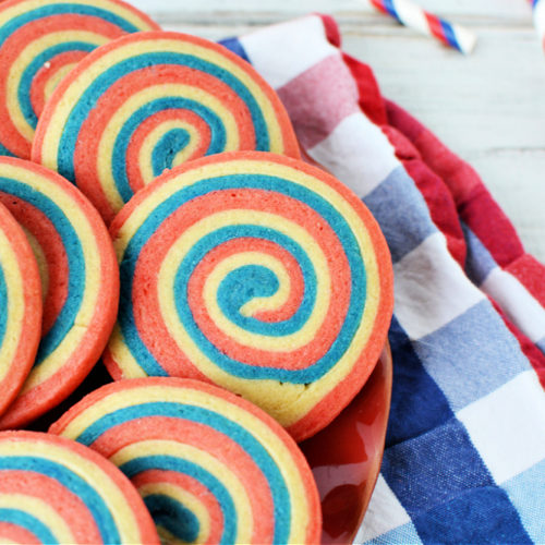 swirl cookies with red and blue on a red white and blue napkin