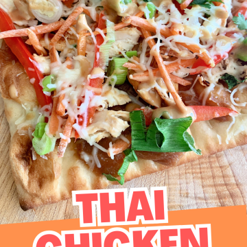 Thai Chicken Pizza filled with peppers and covered in cheese