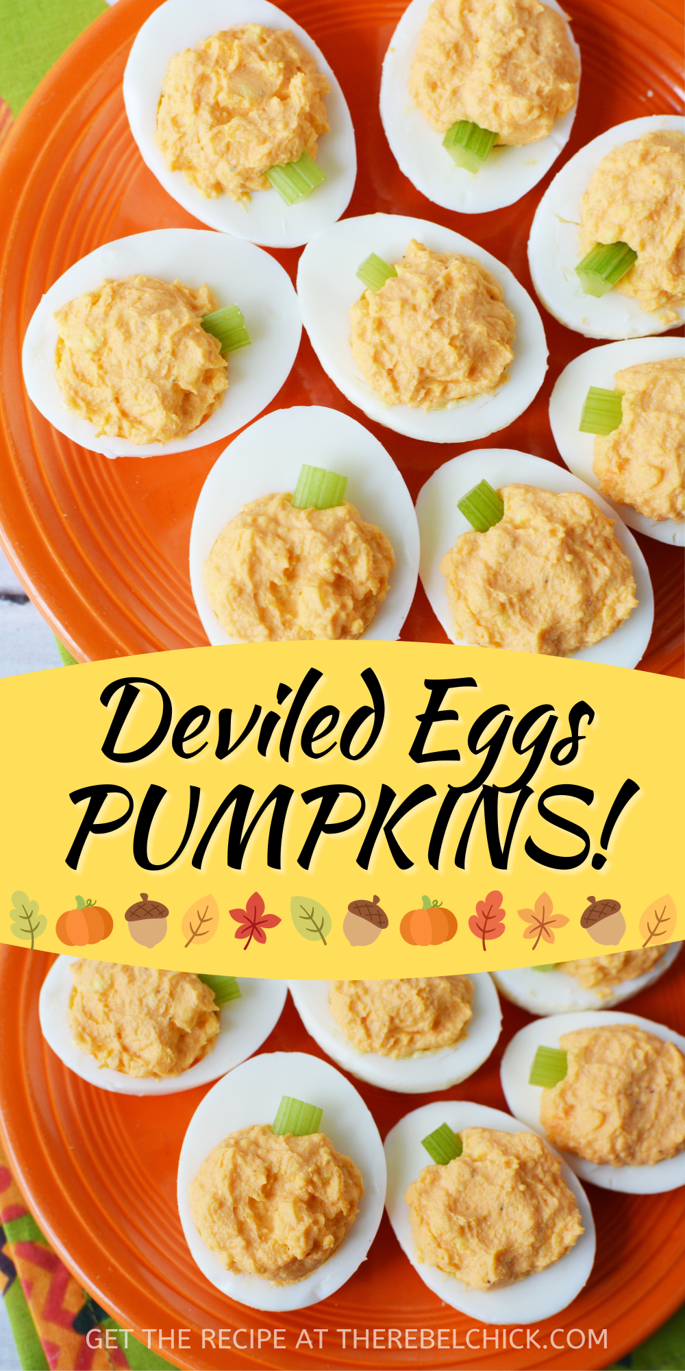 deviled eggs with orange egg filling to look like pumpkins