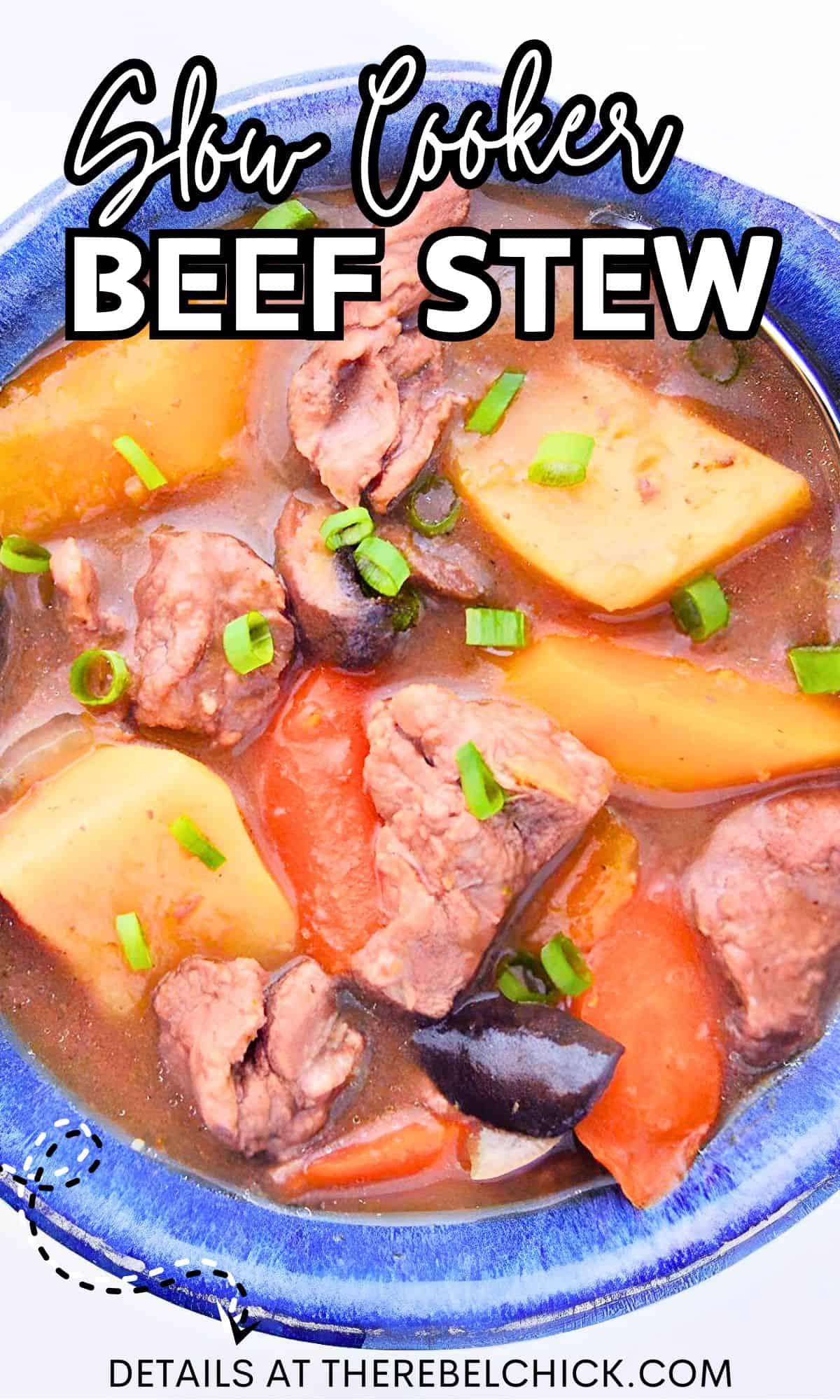 Slow Cooker Beef Vegetable Stew in a blue bowl