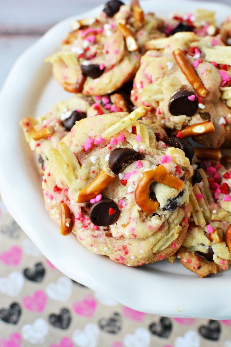 cookies filled with chocolate chips, pretzels, potato chips and sprinkles