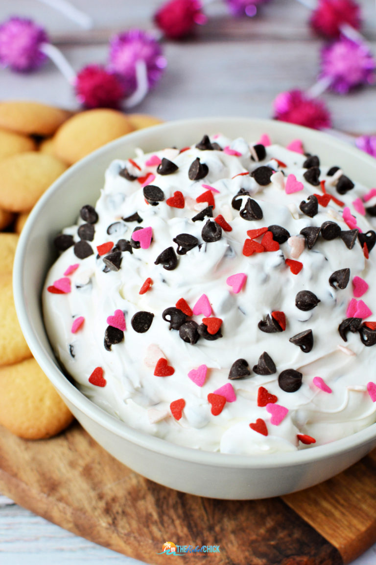 Booty Dip for Valentine's Day filled with mini chocolate chips and red and pink sprinkles